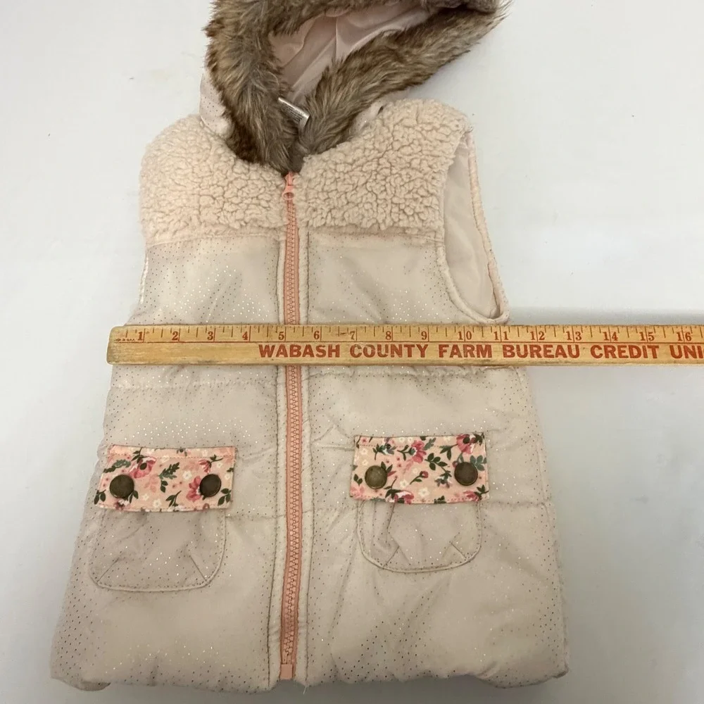 Little Lass Kids 4T Pink Cream Puffer Vest Gold Polka Dot Faux Fur Hood Floral